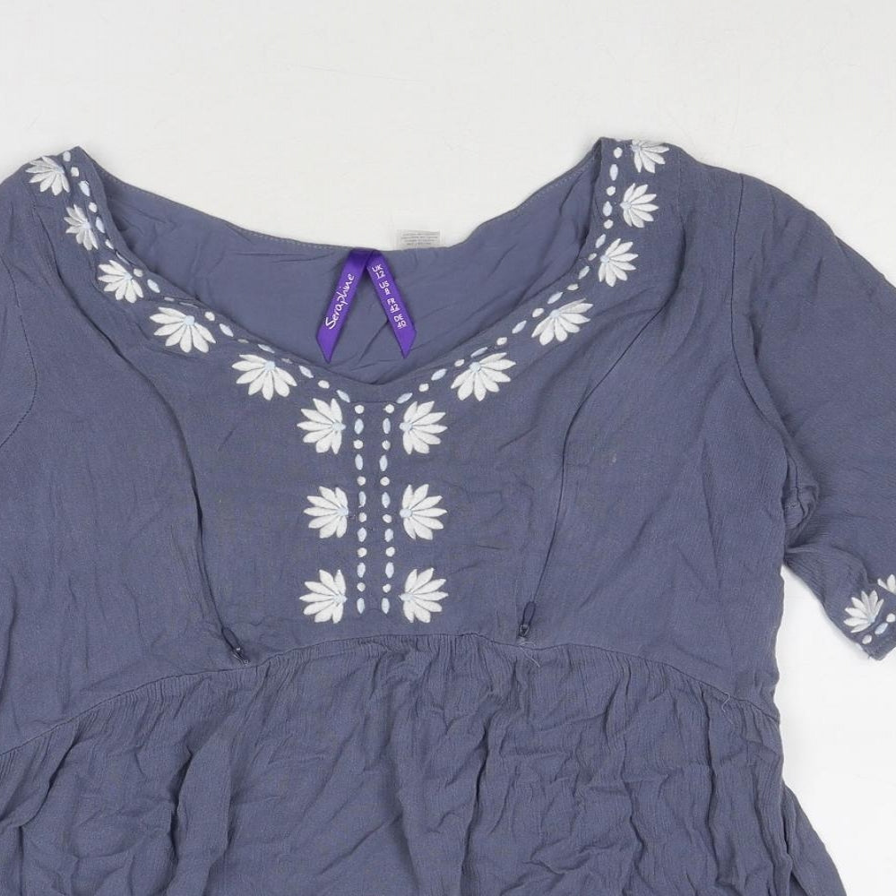 Sapphire Womens Blue Viscose Basic Blouse Size 12 V-Neck - Flower Detail