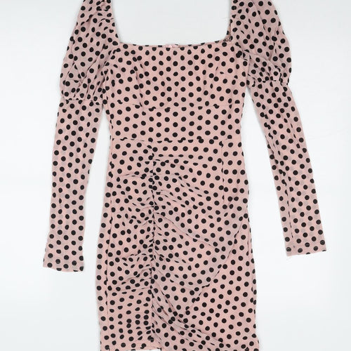 Quiz Womens Pink Polka Dot Polyester Bodycon Size 8 Square Neck Zip