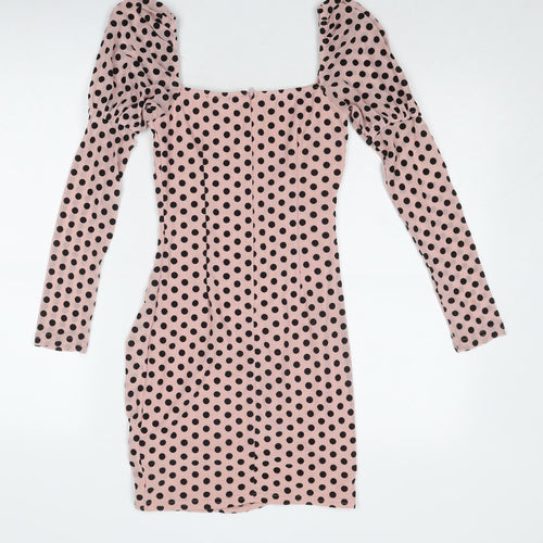 Quiz Womens Pink Polka Dot Polyester Bodycon Size 8 Square Neck Zip