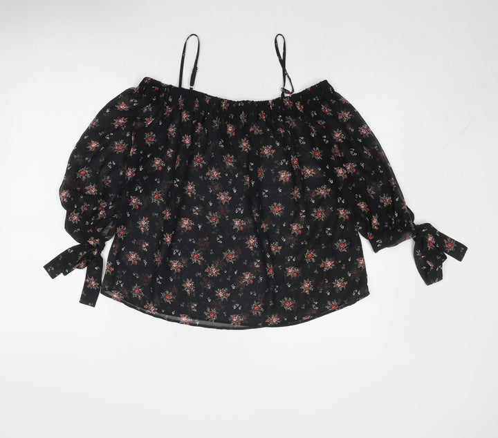 Marks and Spencer Womens Black Geometric Polyester Basic Blouse Size 10 Square Neck - Cold Shoulder
