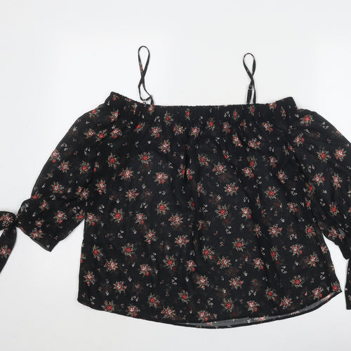 Marks and Spencer Womens Black Geometric Polyester Basic Blouse Size 10 Square Neck - Cold Shoulder