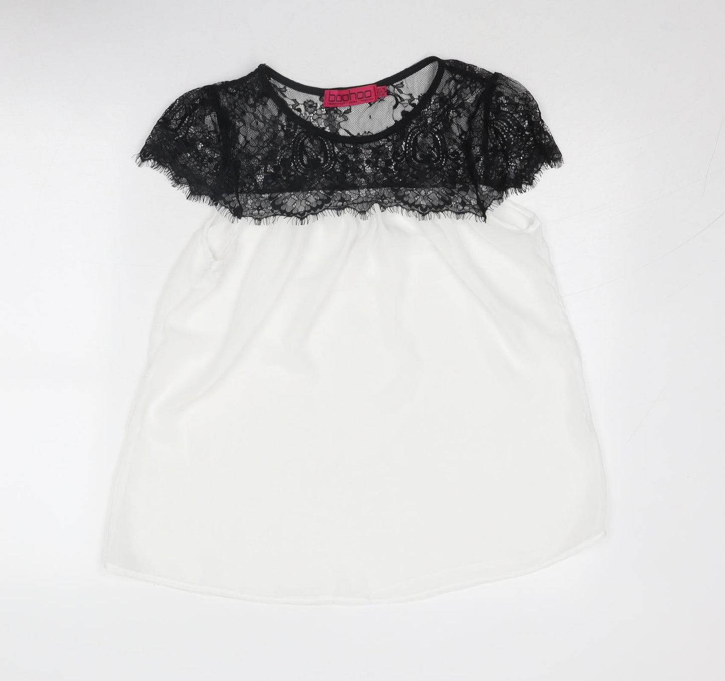 Boohoo Womens White Polyester Basic Blouse Size 10 Round Neck - Lace Detail