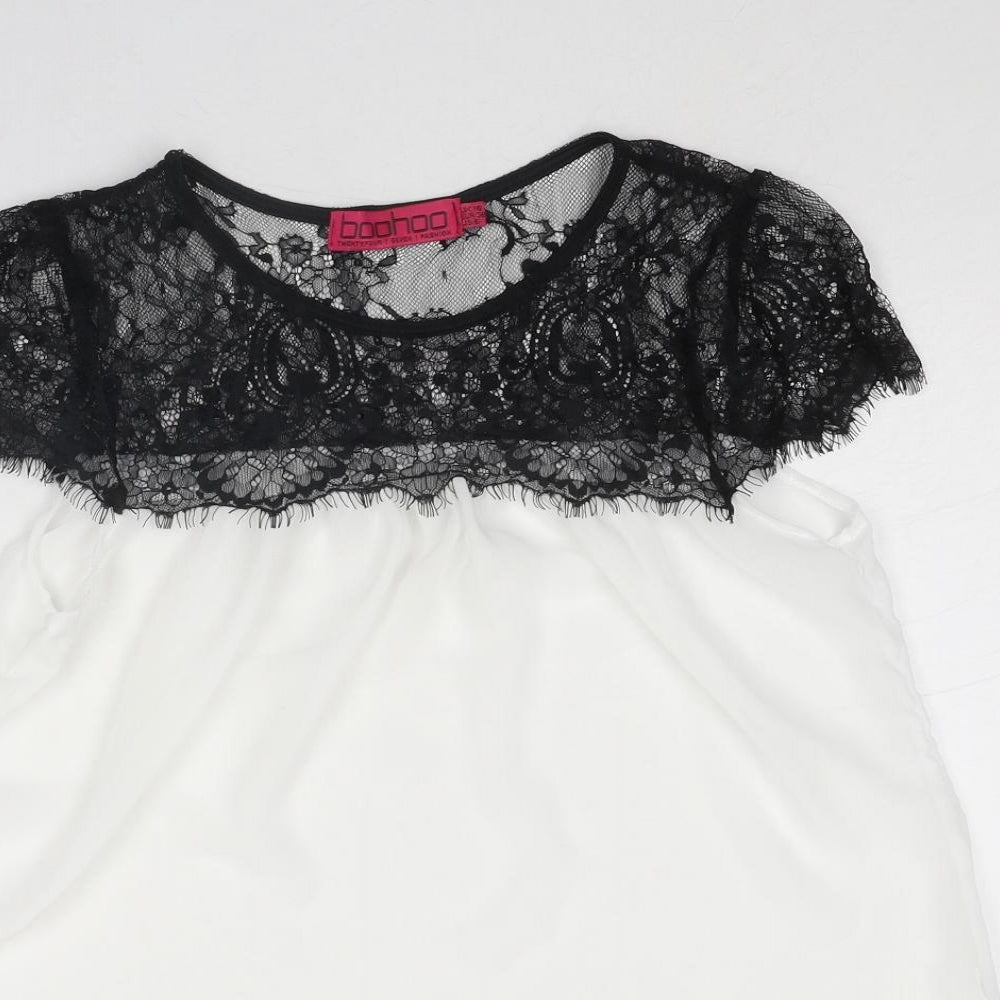 Boohoo Womens White Polyester Basic Blouse Size 10 Round Neck - Lace Detail