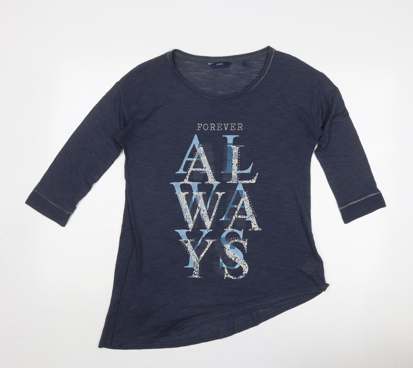 NEXT Womens Blue Polyester Basic T-Shirt Size 12 Round Neck - Forever Always, Asymmetric