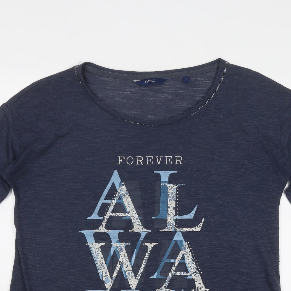 NEXT Womens Blue Polyester Basic T-Shirt Size 12 Round Neck - Forever Always, Asymmetric