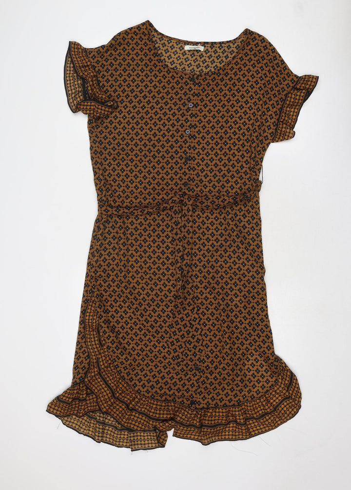 Max Studio Womens Brown Geometric Polyester Skater Dress Size XS Round Neck Button