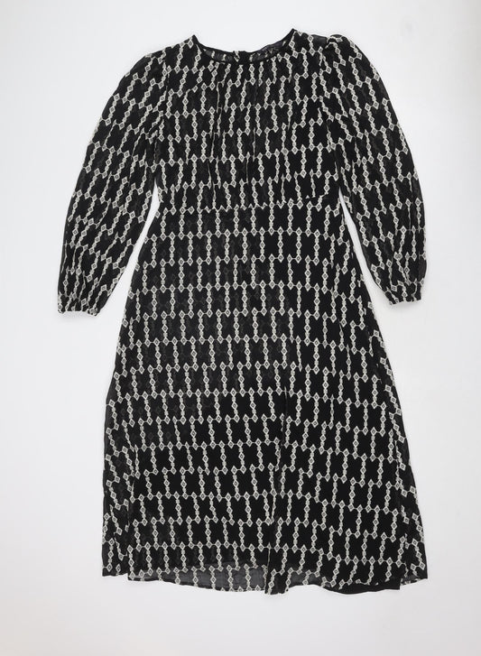 Marks and Spencer Womens Black Geometric Polyester Trapeze & Swing Size 12 Round Neck Zip