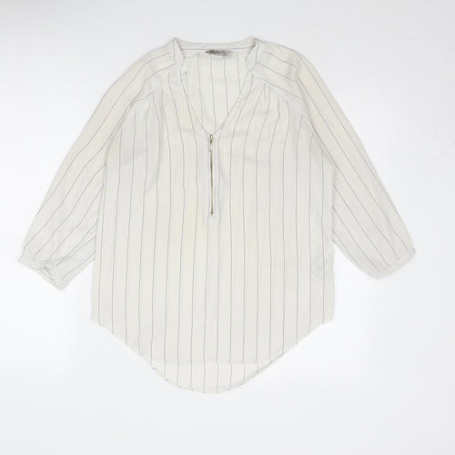 Marks and Spencer Womens White Striped Polyester Basic Blouse Size 8 V-Neck