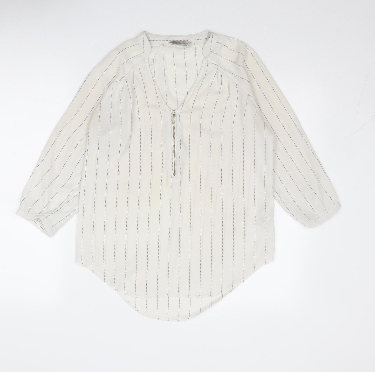 Marks and Spencer Womens White Striped Polyester Basic Blouse Size 8 V-Neck