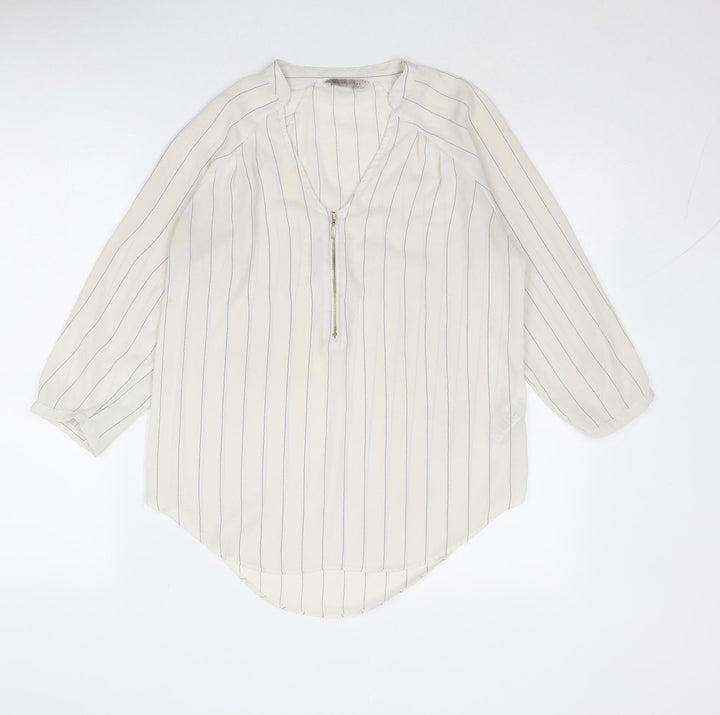 Marks and Spencer Womens White Striped Polyester Basic Blouse Size 8 V-Neck