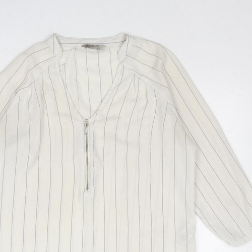 Marks and Spencer Womens White Striped Polyester Basic Blouse Size 8 V-Neck