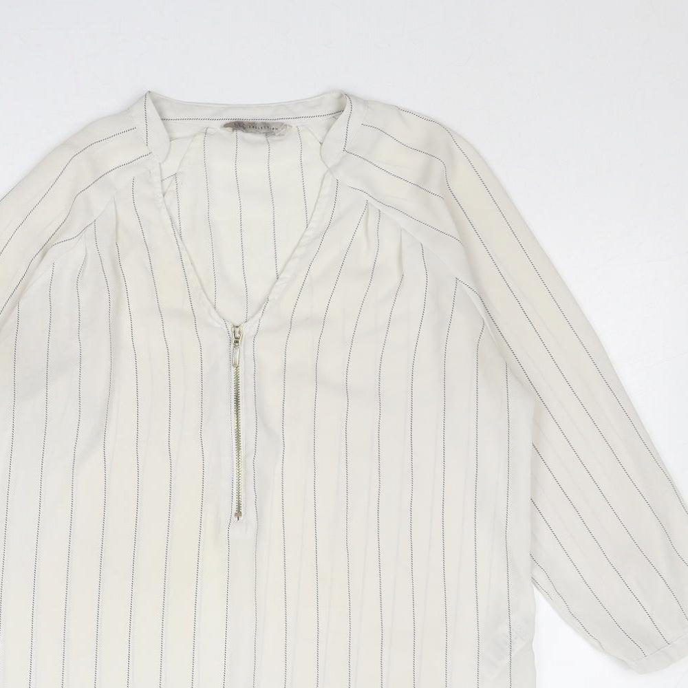 Marks and Spencer Womens White Striped Polyester Basic Blouse Size 8 V-Neck