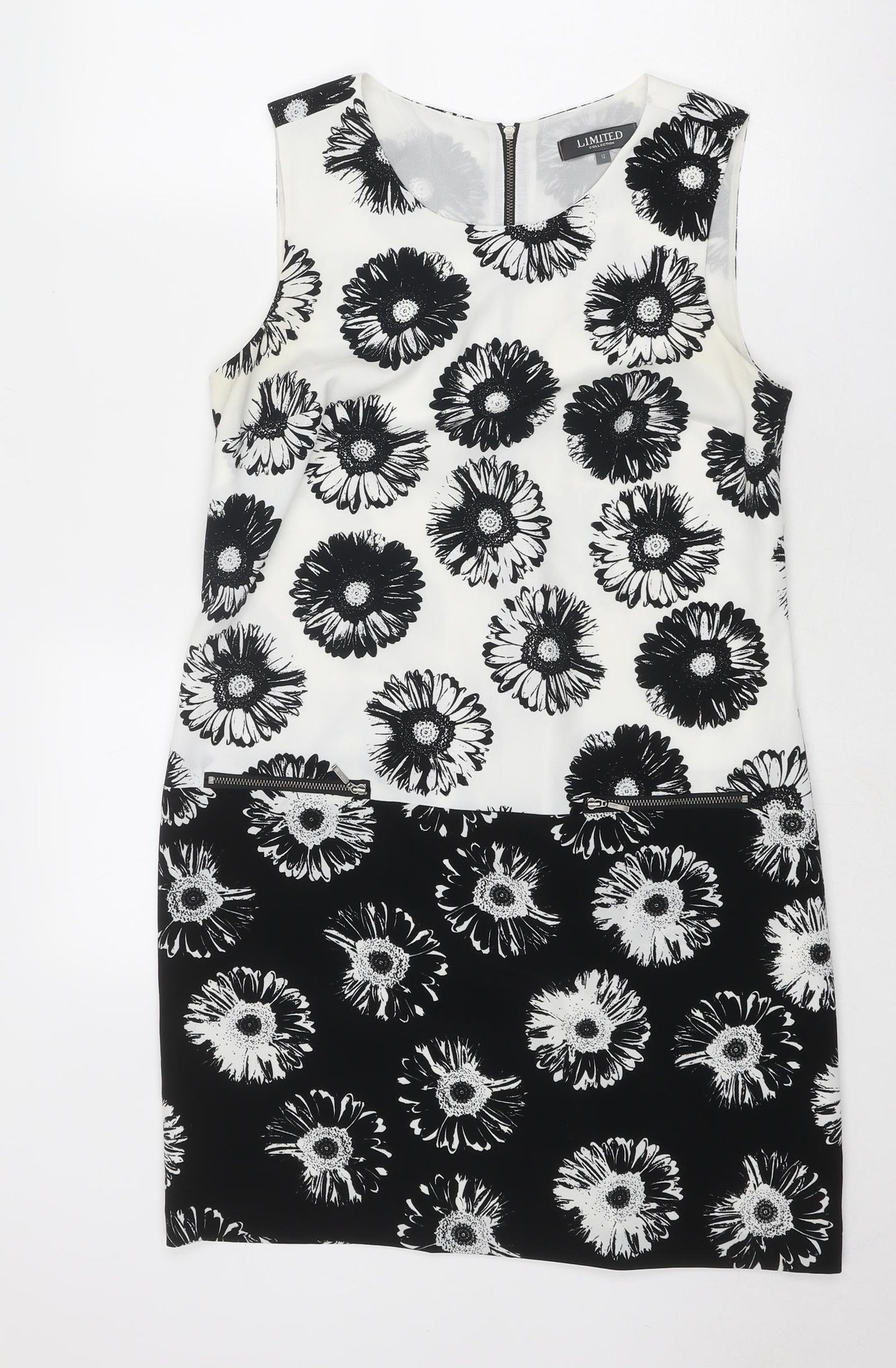 Marks and Spencer Womens Black Floral Polyester A-Line Size 12 Round Neck Zip