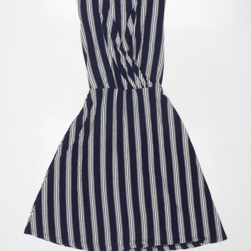 Warehouse Womens Blue Striped Viscose Trapeze & Swing Size 8 V-Neck Pullover