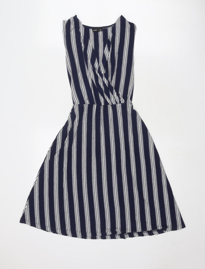 Warehouse Womens Blue Striped Viscose Trapeze & Swing Size 8 V-Neck Pullover