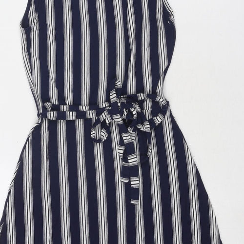 Warehouse Womens Blue Striped Viscose Trapeze & Swing Size 8 V-Neck Pullover