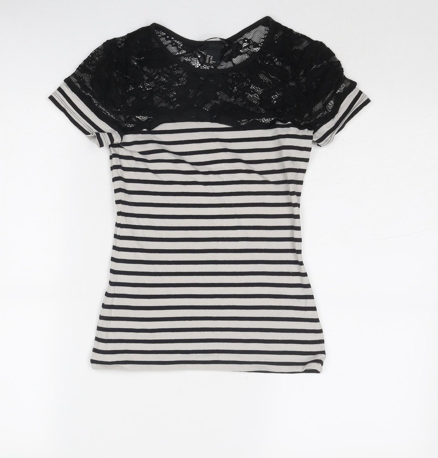 H&M Womens Black Striped Cotton Basic T-Shirt Size XS Round Neck - Lace Details