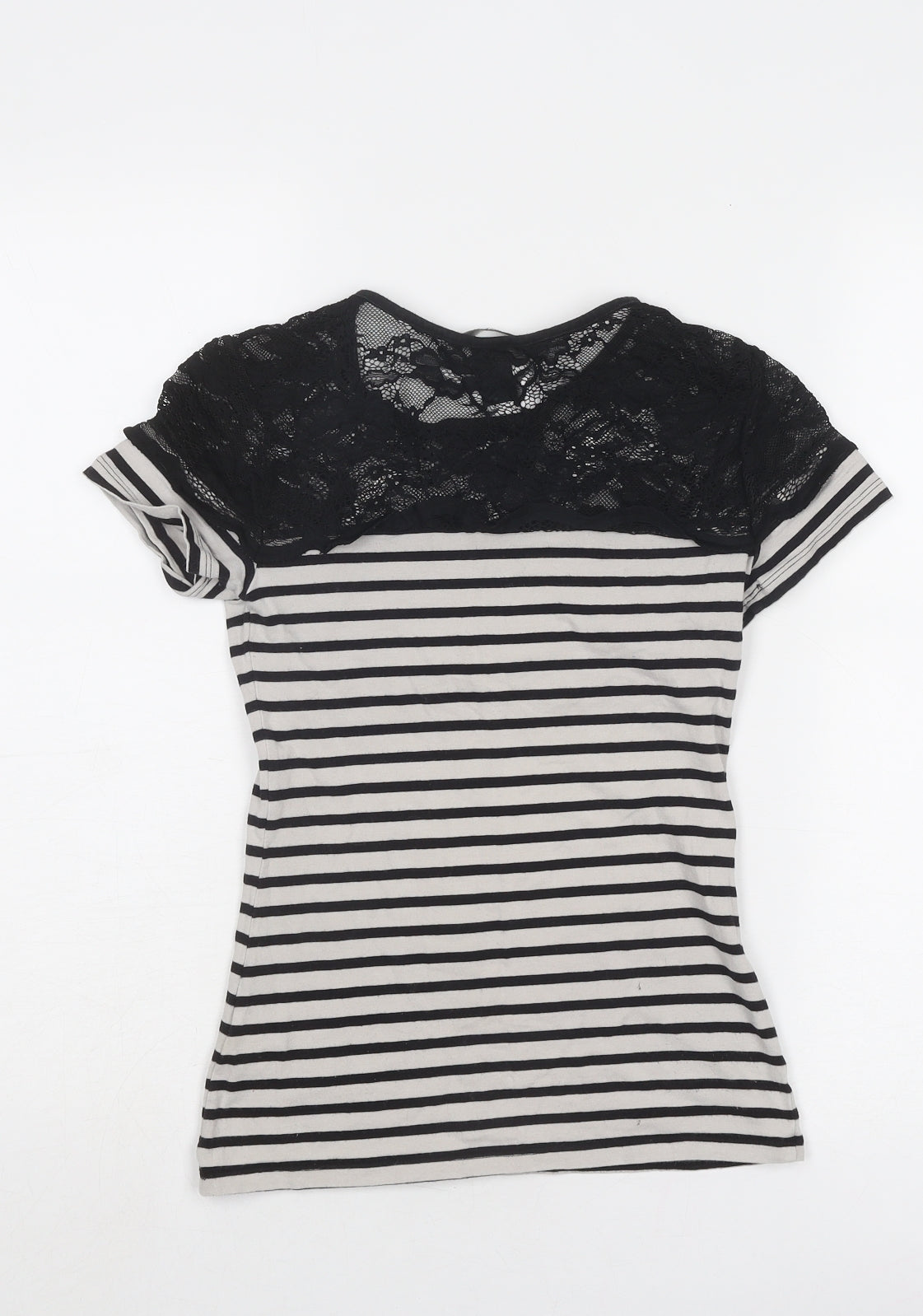 H&M Womens Black Striped Cotton Basic T-Shirt Size XS Round Neck - Lace Details