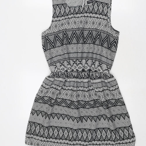 Select Womens Black Geometric Polyester Skater Dress Size 8 Round Neck Button