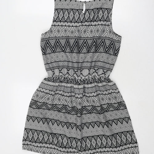 Select Womens Black Geometric Polyester Skater Dress Size 8 Round Neck Button
