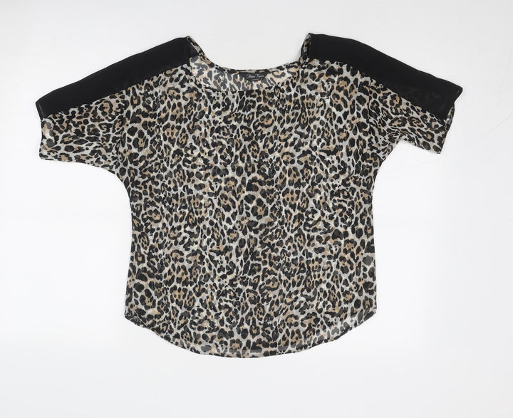 Marina Kaneva Womens Brown Animal Print Polyester Basic Blouse Size 8 Round Neck - Leopard Print