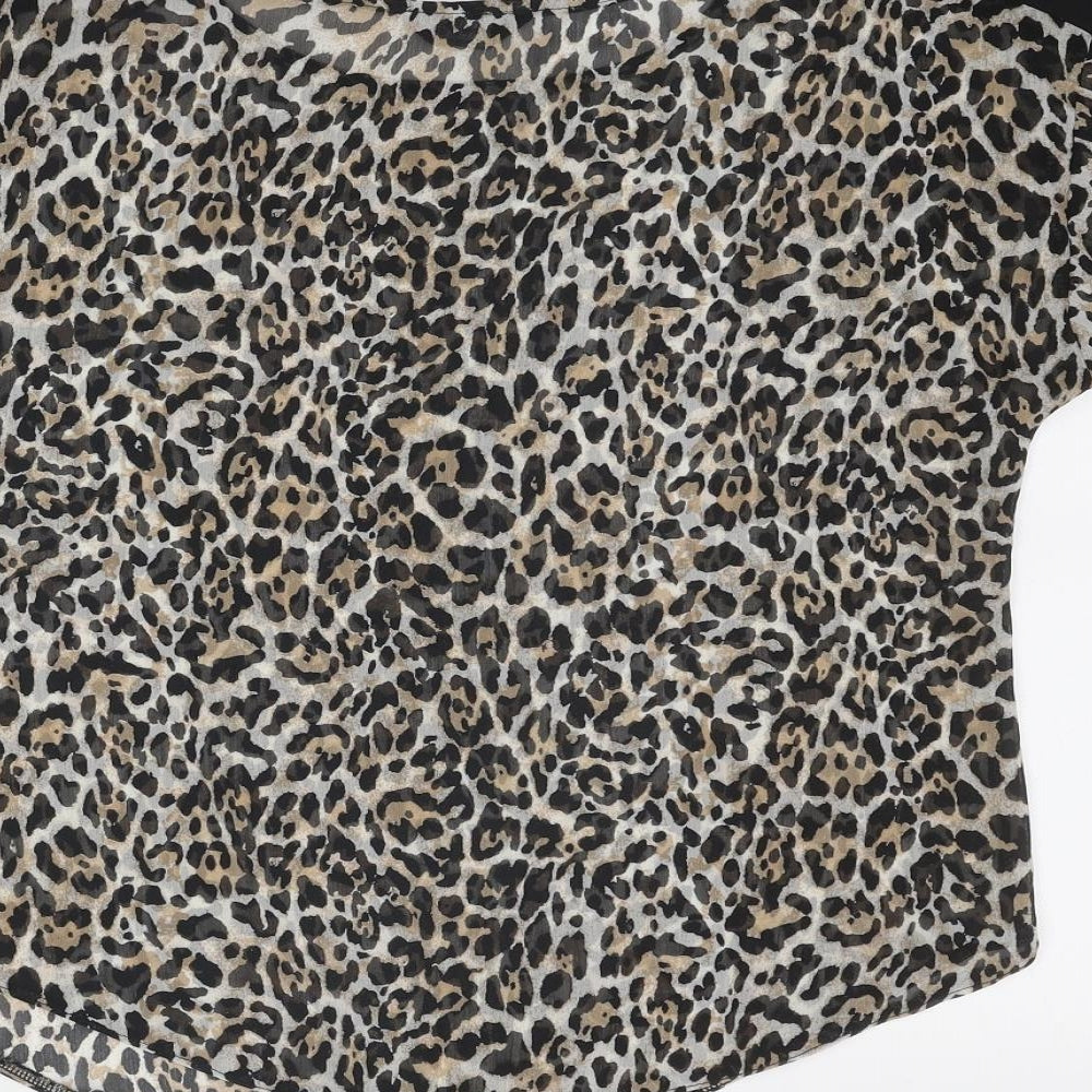 Marina Kaneva Womens Brown Animal Print Polyester Basic Blouse Size 8 Round Neck - Leopard Print