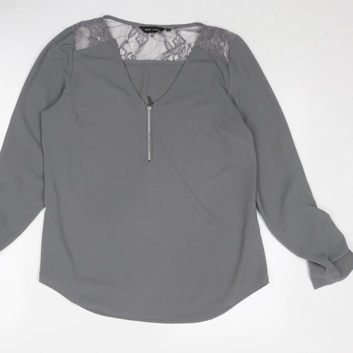 New Look Womens Grey Polyester Basic Blouse Size 12 V-Neck - Lace Detail