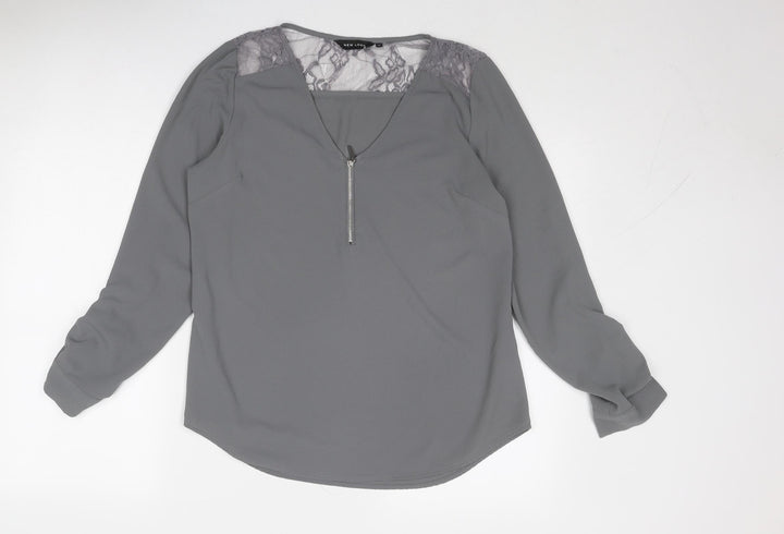 New Look Womens Grey Polyester Basic Blouse Size 12 V-Neck - Lace Detail