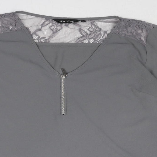 New Look Womens Grey Polyester Basic Blouse Size 12 V-Neck - Lace Detail