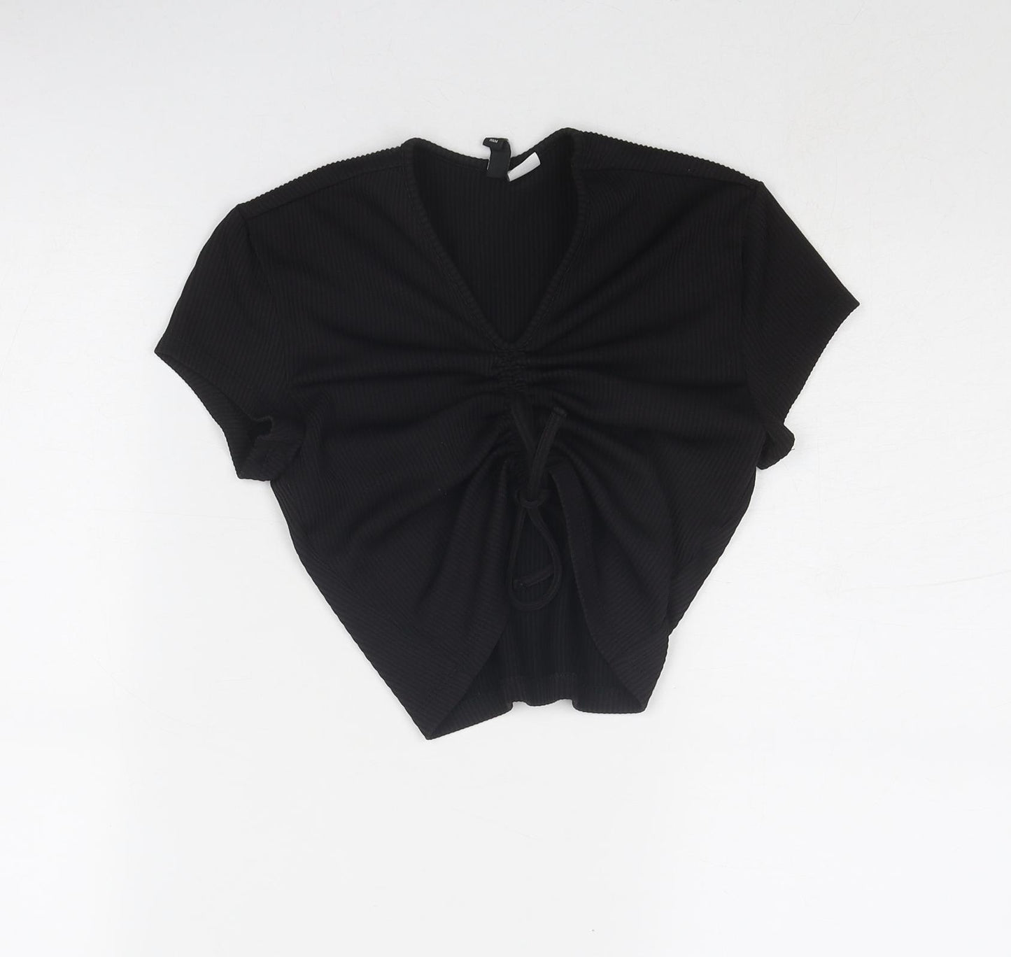 Divided by H&M Womens Black Polyester Cropped T-Shirt Size S V-Neck - Ruched