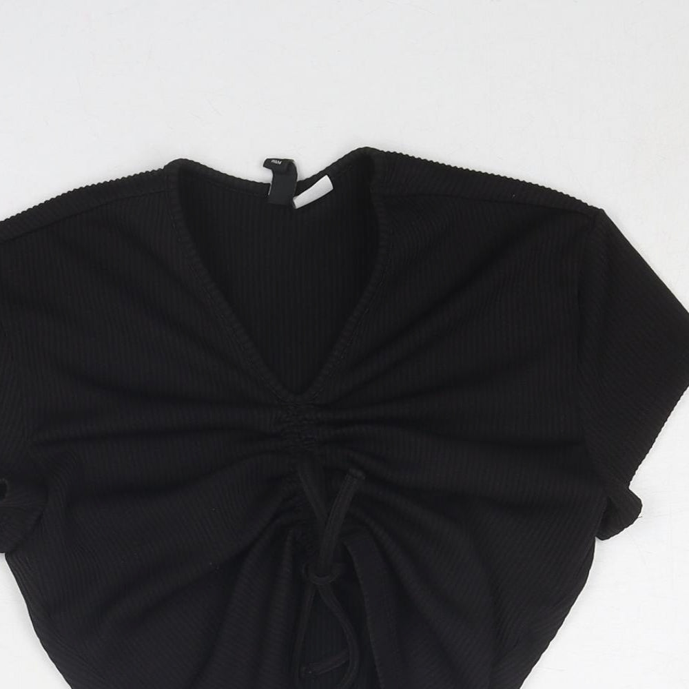 Divided by H&M Womens Black Polyester Cropped T-Shirt Size S V-Neck - Ruched