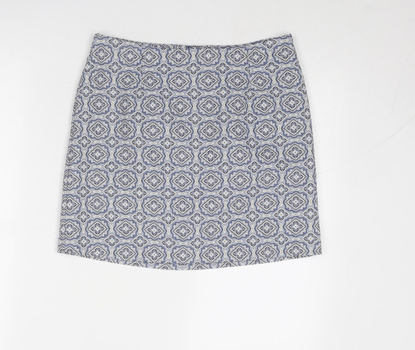 New Look Womens Blue Geometric Cotton A-Line Skirt Size 10 Zip
