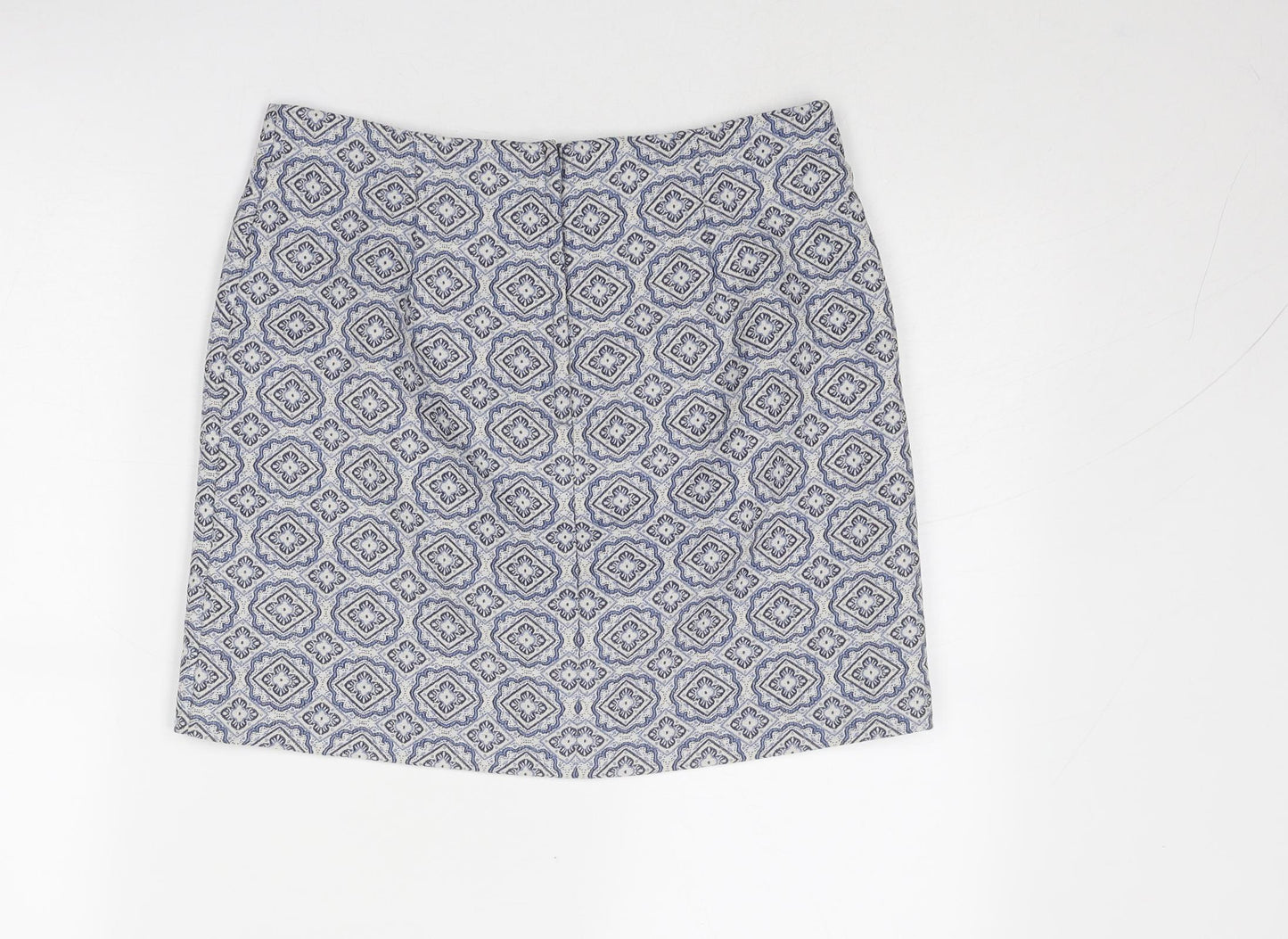 New Look Womens Blue Geometric Cotton A-Line Skirt Size 10 Zip