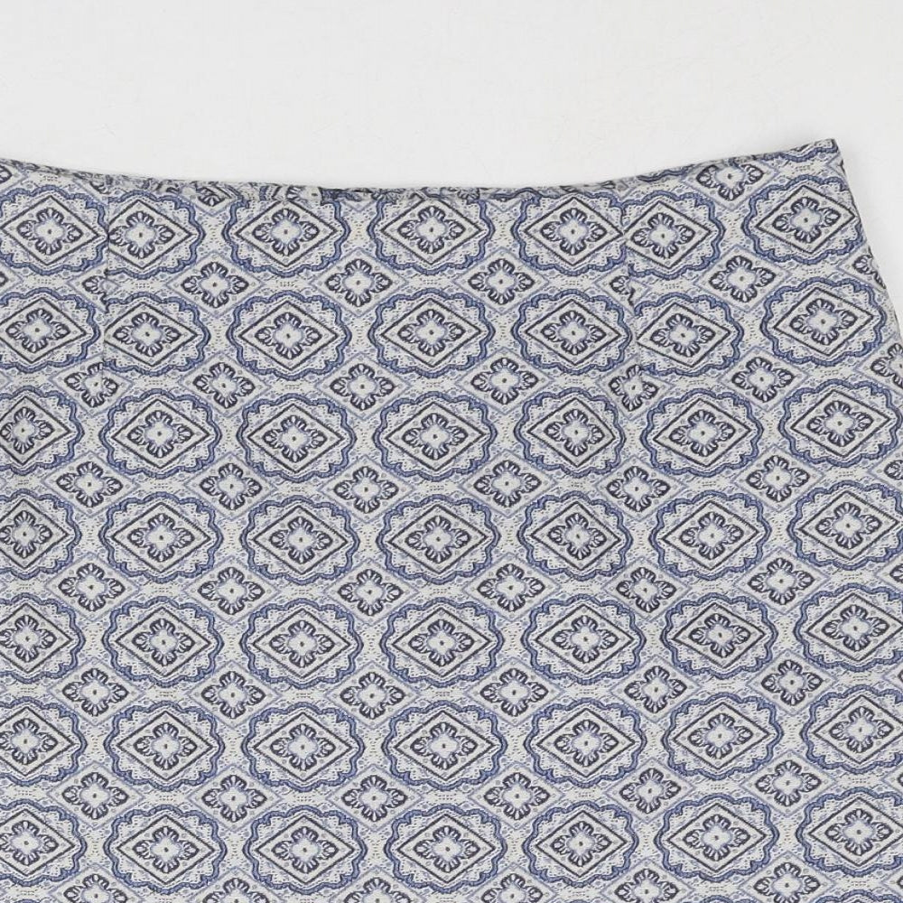 New Look Womens Blue Geometric Cotton A-Line Skirt Size 10 Zip