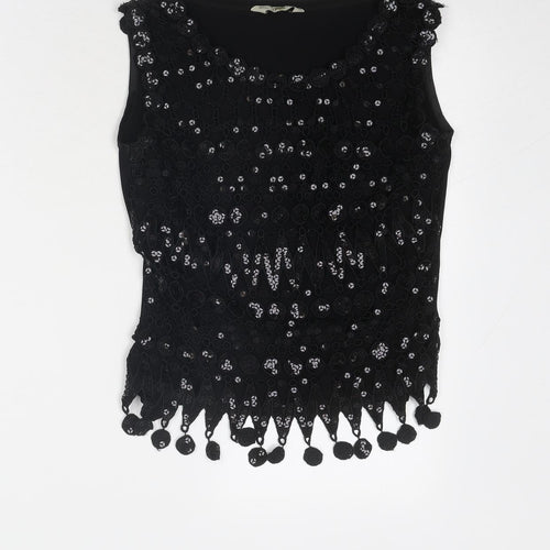 Sagaie Womens Black Polyester Basic Blouse Size 8 Boat Neck - Crocheted Lace Front