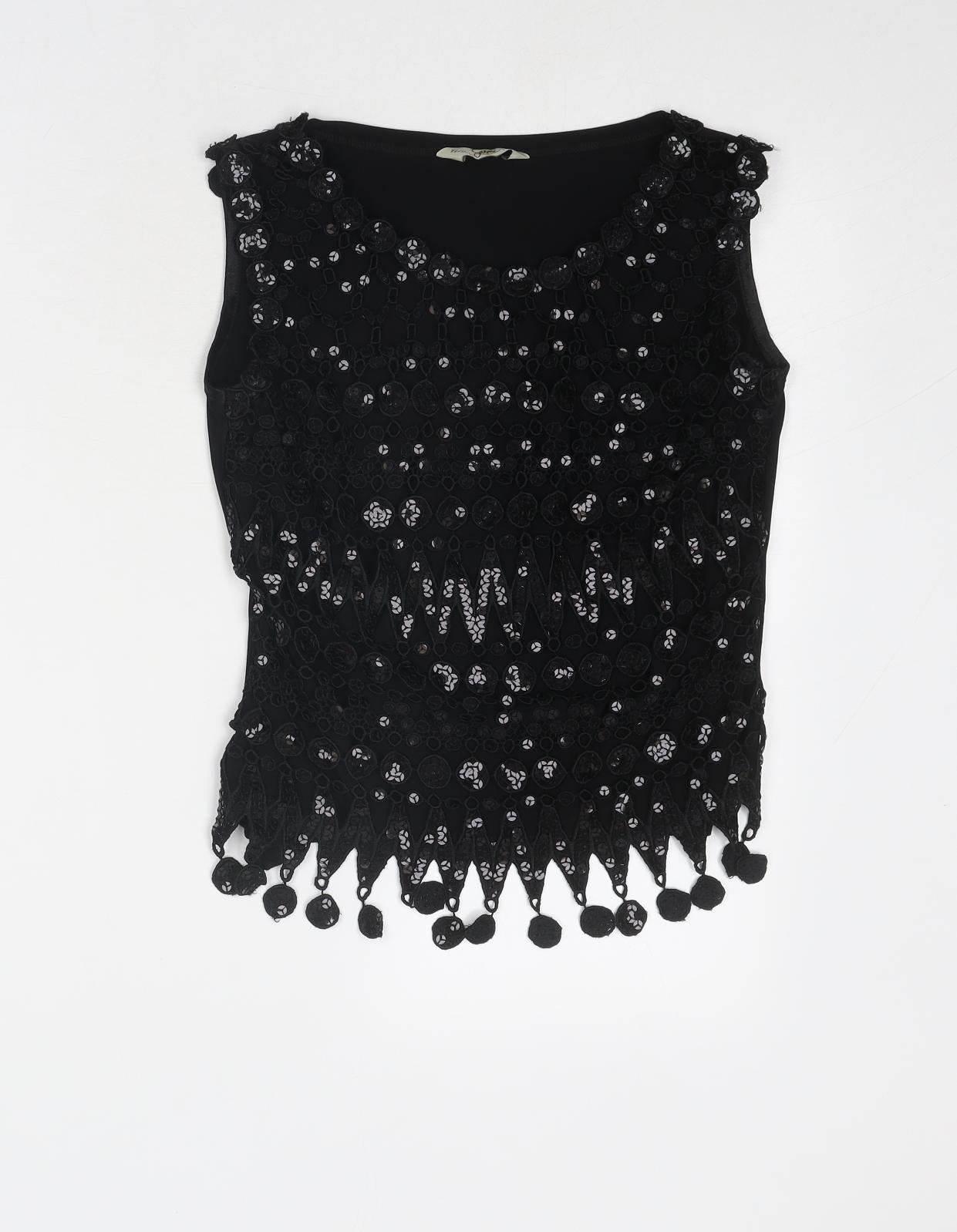 Sagaie Womens Black Polyester Basic Blouse Size 8 Boat Neck - Crocheted Lace Front