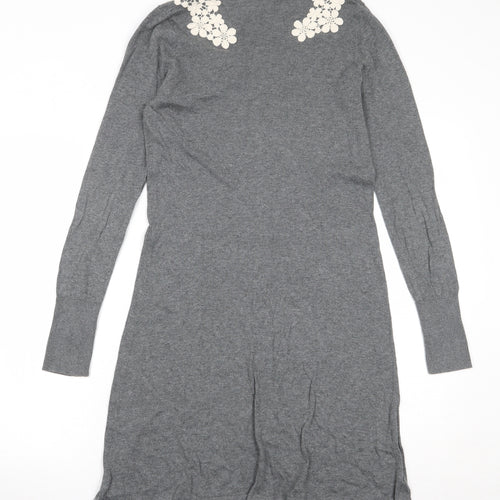 Oasis Womens Grey 100% Cotton A-Line Size M Round Neck Pullover - Flower Detail