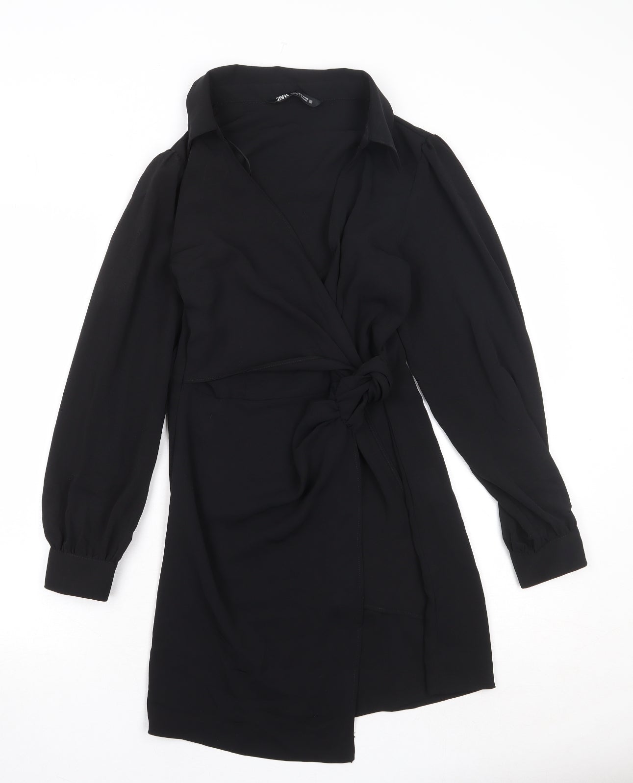 Zara Womens Black Polyester Wrap Dress Size M Collared Zip - Twist Detail
