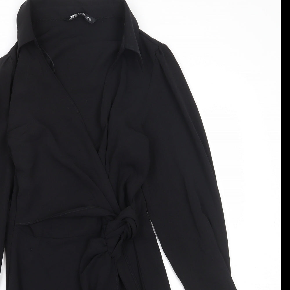 Zara Womens Black Polyester Wrap Dress Size M Collared Zip - Twist Detail