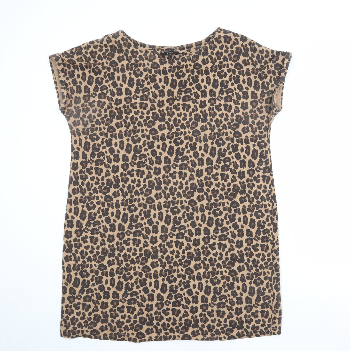 NEXT Womens Brown Animal Print 100% Cotton T-Shirt Dress Size 14 Round Neck Pullover - Leopard Pattern