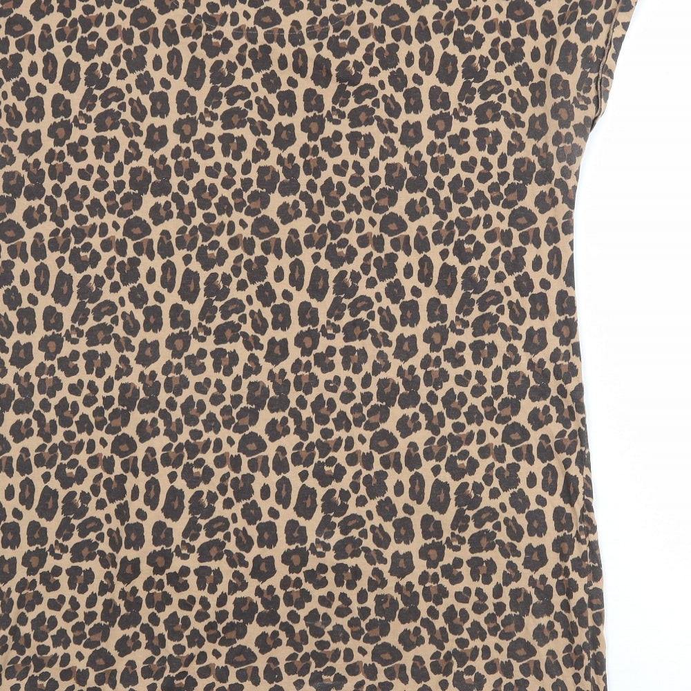 NEXT Womens Brown Animal Print 100% Cotton T-Shirt Dress Size 14 Round Neck Pullover - Leopard Pattern