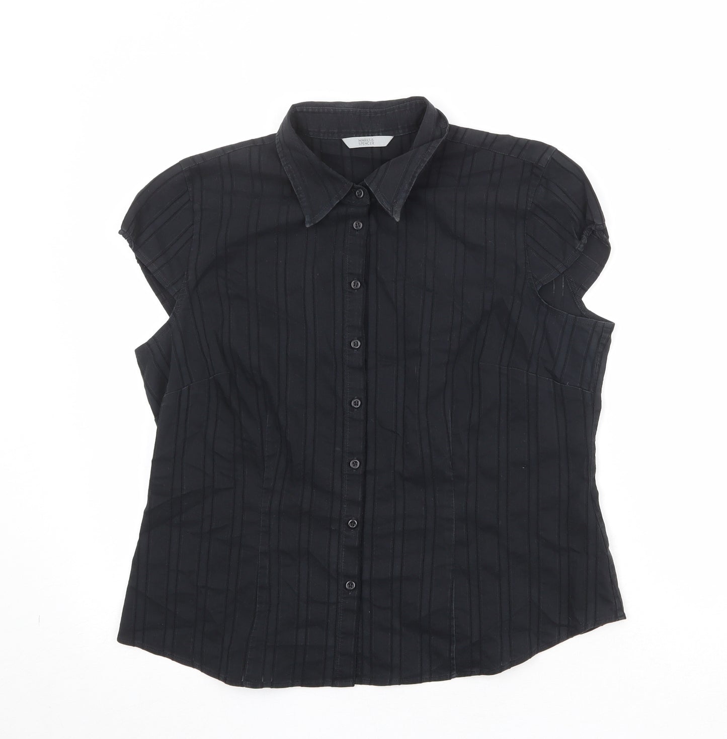 Marks and Spencer Womens Black Cotton Basic Button-Up Size 16 Collared