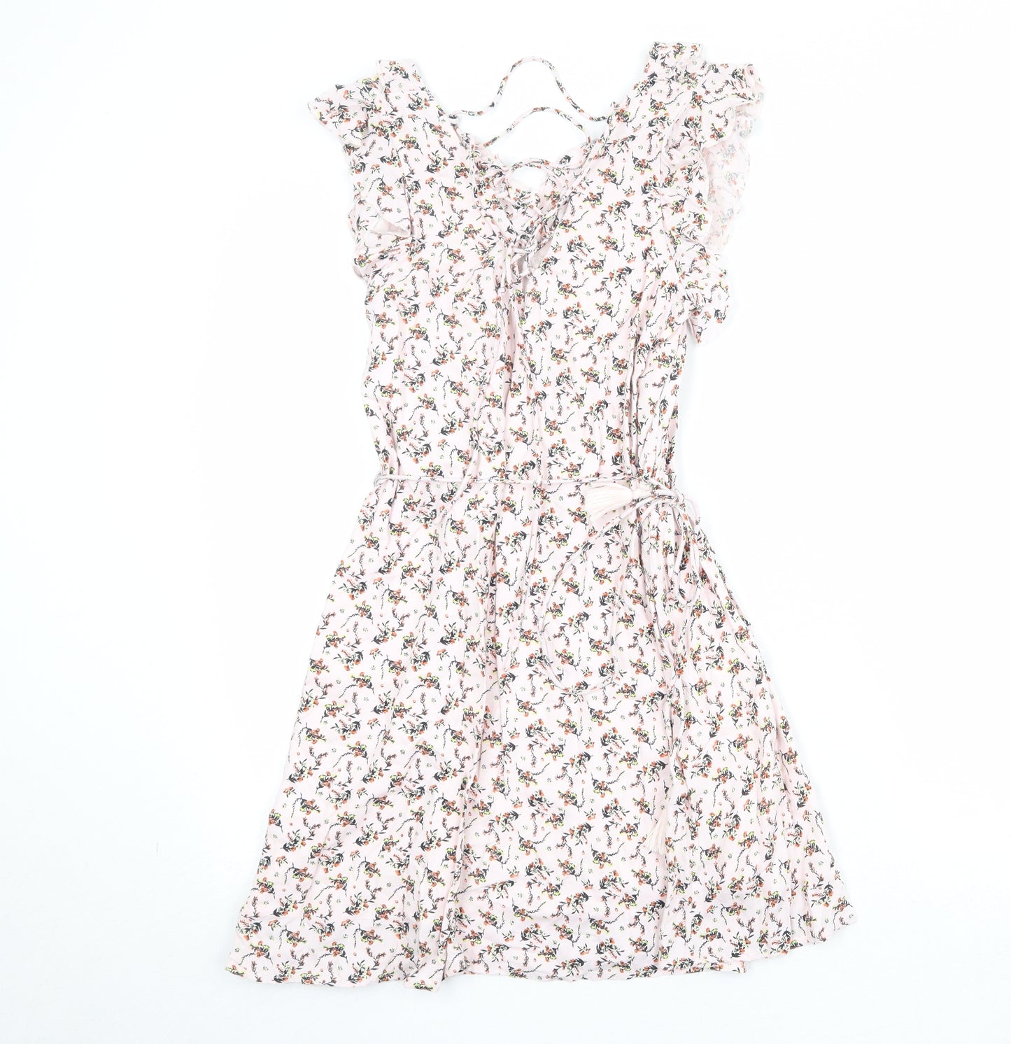 River Island Womens Pink Floral Viscose Skater Dress Size 8 V-Neck Tie