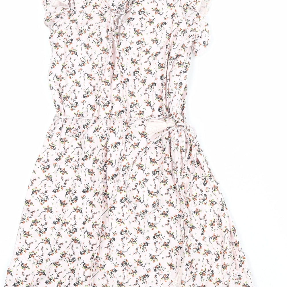 River Island Womens Pink Floral Viscose Skater Dress Size 8 V-Neck Tie
