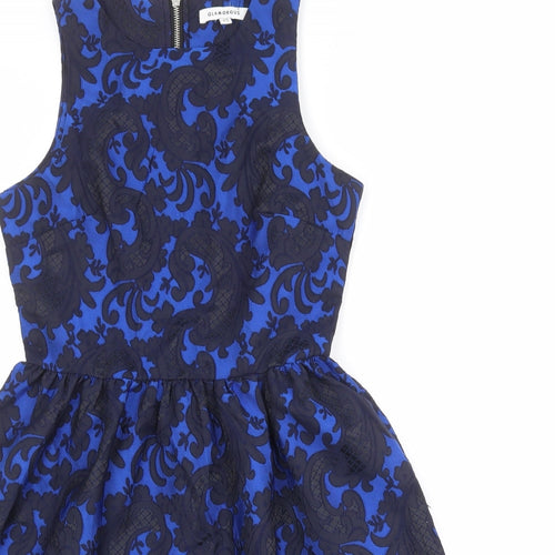 Glamorous Womens Blue Geometric Polyester Fit & Flare Size XS Round Neck Zip