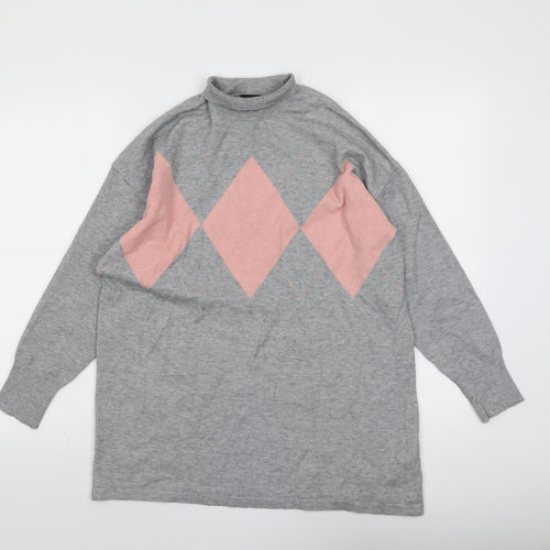 Dorothy Perkins Womens Grey Mock Neck Argyle/Diamond Viscose Pullover Jumper Size 14