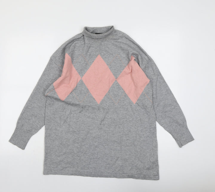Dorothy Perkins Womens Grey Mock Neck Argyle/Diamond Viscose Pullover Jumper Size 14