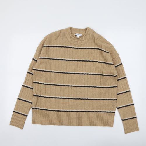 Warehouse Womens Beige Round Neck Striped Acrylic Pullover Jumper Size 6