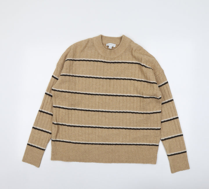 Warehouse Womens Beige Round Neck Striped Acrylic Pullover Jumper Size 6