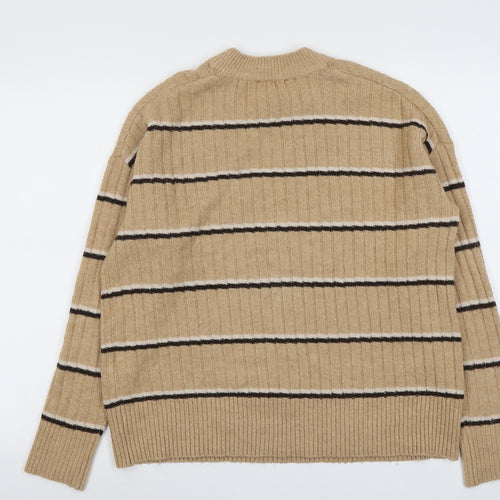 Warehouse Womens Beige Round Neck Striped Acrylic Pullover Jumper Size 6
